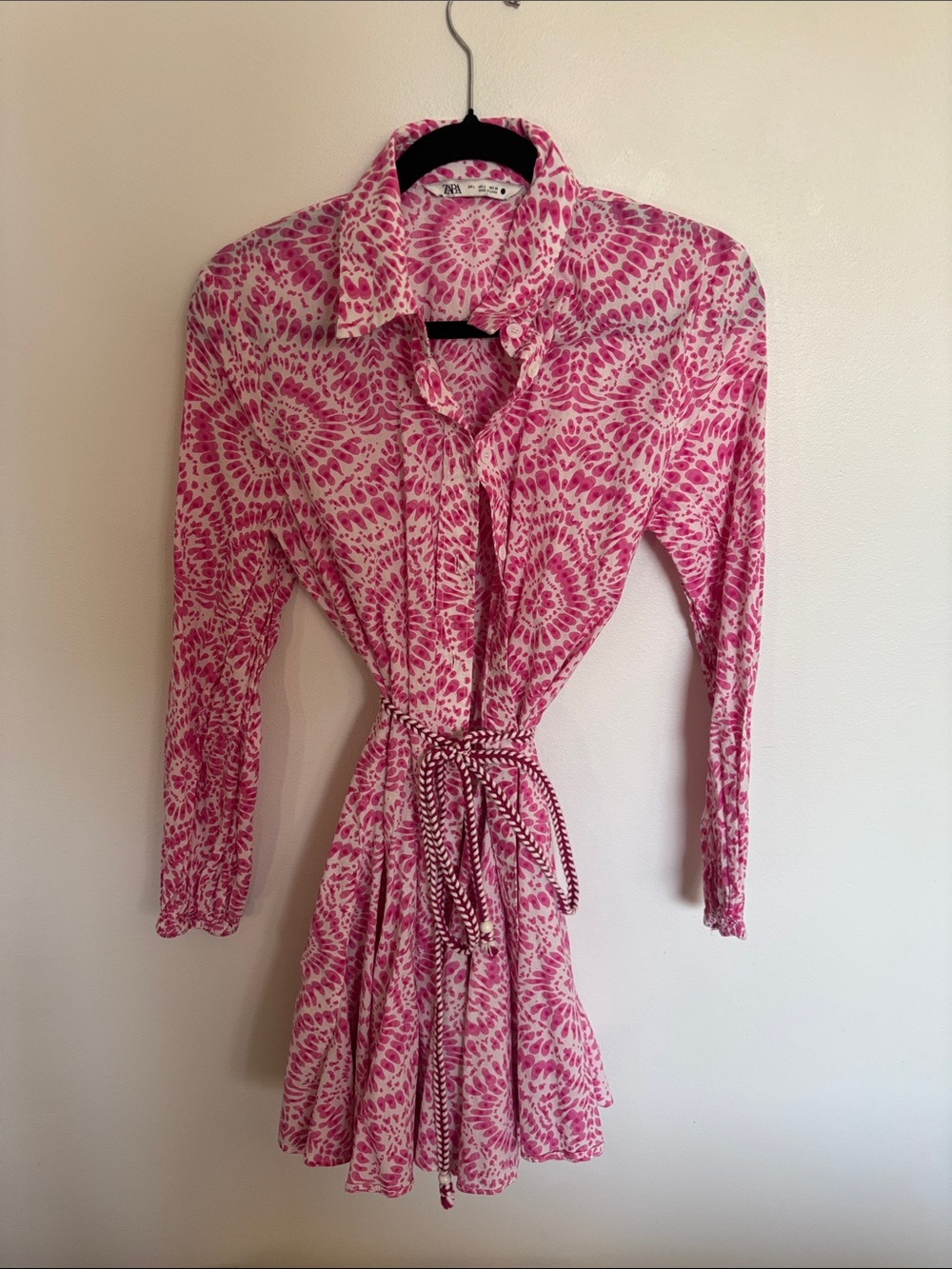 Zara Tie-Front Button Up Pink Patterned Shirt Dress